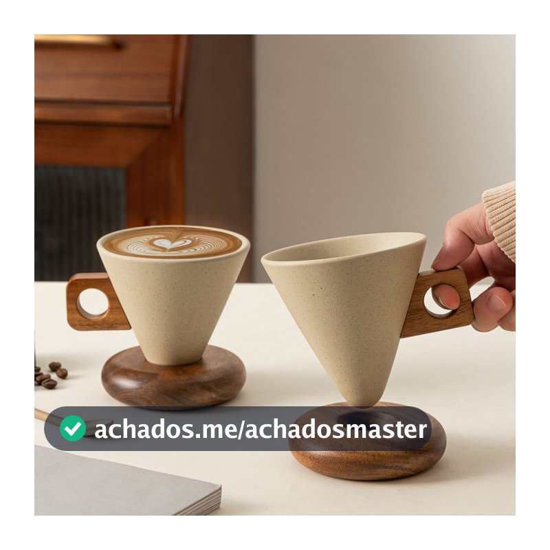 Caneca De Café Vintage , Copo Cônico De Cerâmica Com Alça De Madeira E Pires , Chá Estável , Presente Exclusivo Para Ama
