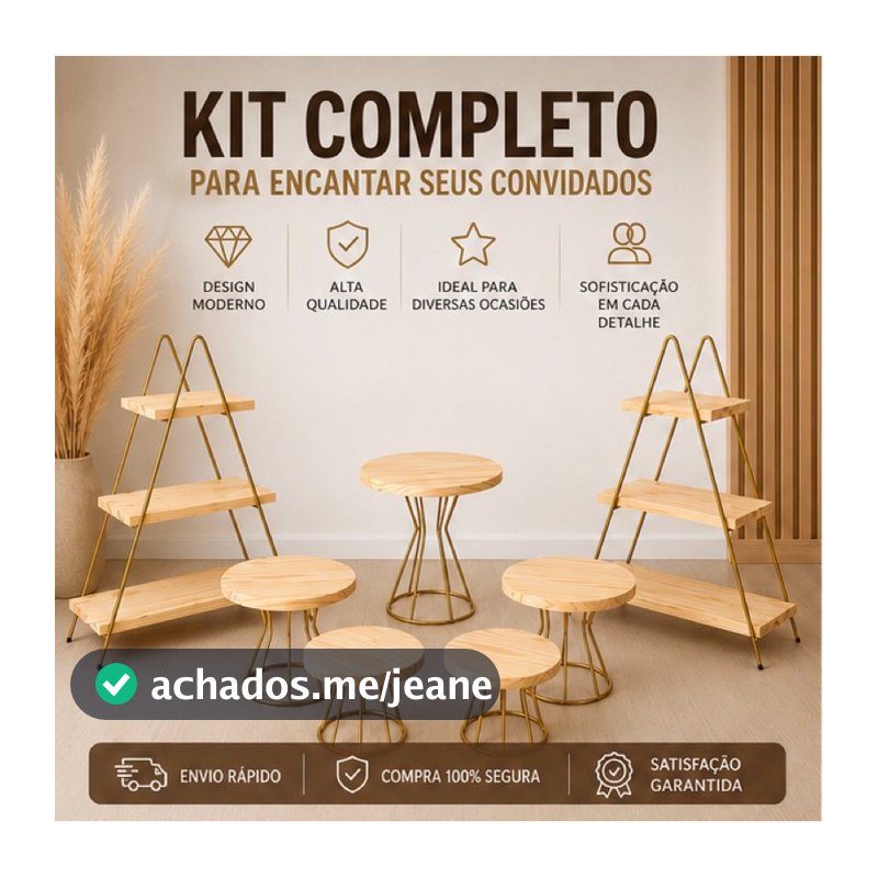 kit 7 Peças Decoração Para Festa ,5 Boleiras + 2 Escadinhas Doceiras 3 Andares ferro Dourado e Madeira Pinus