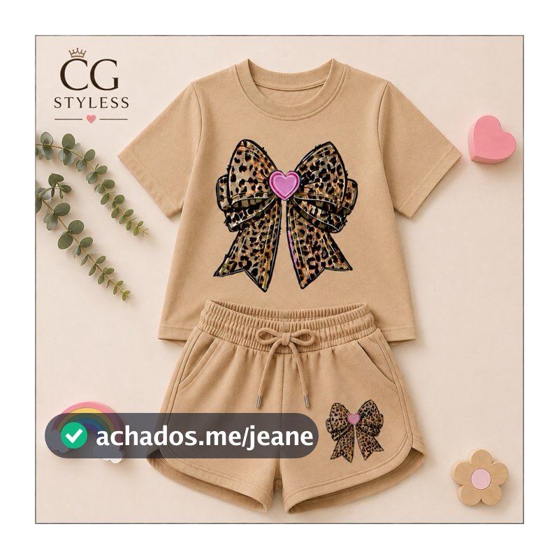 Conjunto Infantil Feminino Camiseta e SHORT MOLETINHO CAQUI Laço Animal Print casual Verão Menina 2 a 16 Ano