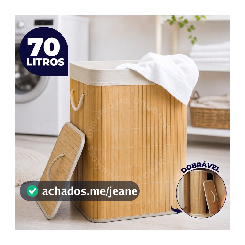 Cesto de Roupa de Bambu Dobrável Com Tampa e Alça 70 Litros Organizador Multiuso Com Forro