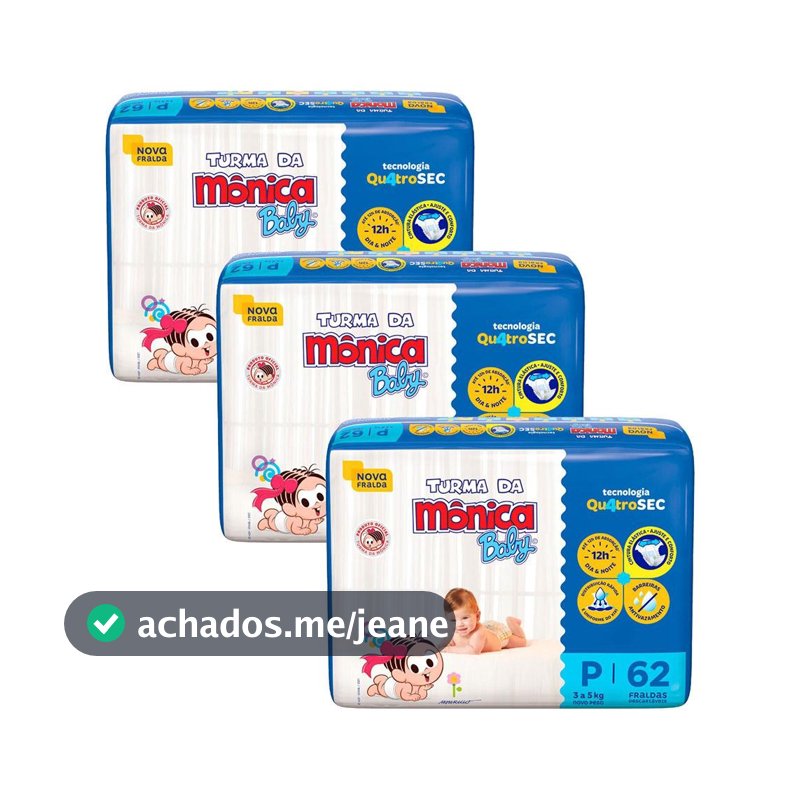 Kit 3 Fraldas Turma da Mônica Baby Mega P com 62un cada