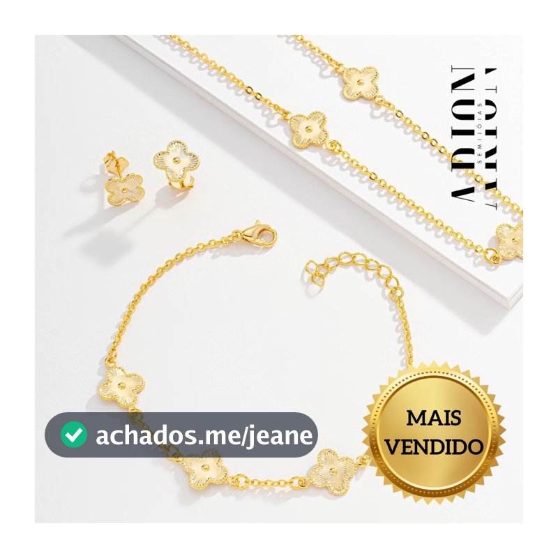 Conjunto Trevo Dourado Delicado Semijoia | Choker Brinco Pulseira Folheado a Ouro 18K