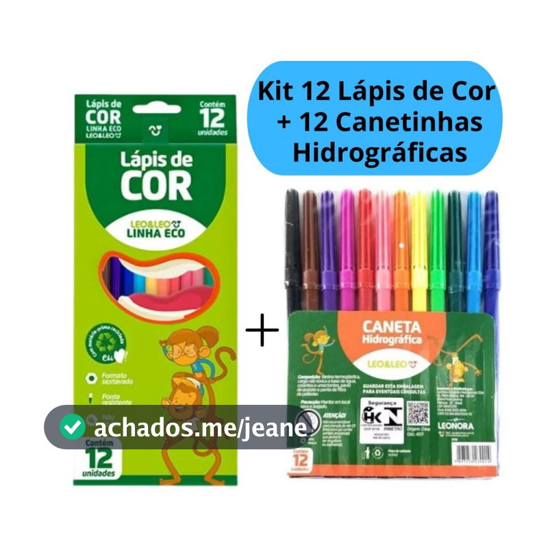 Kit lápis de Cor 12 Cores + Canetinha Hidrográfica 12 Cores Coloridas Escolar Leo&Leo