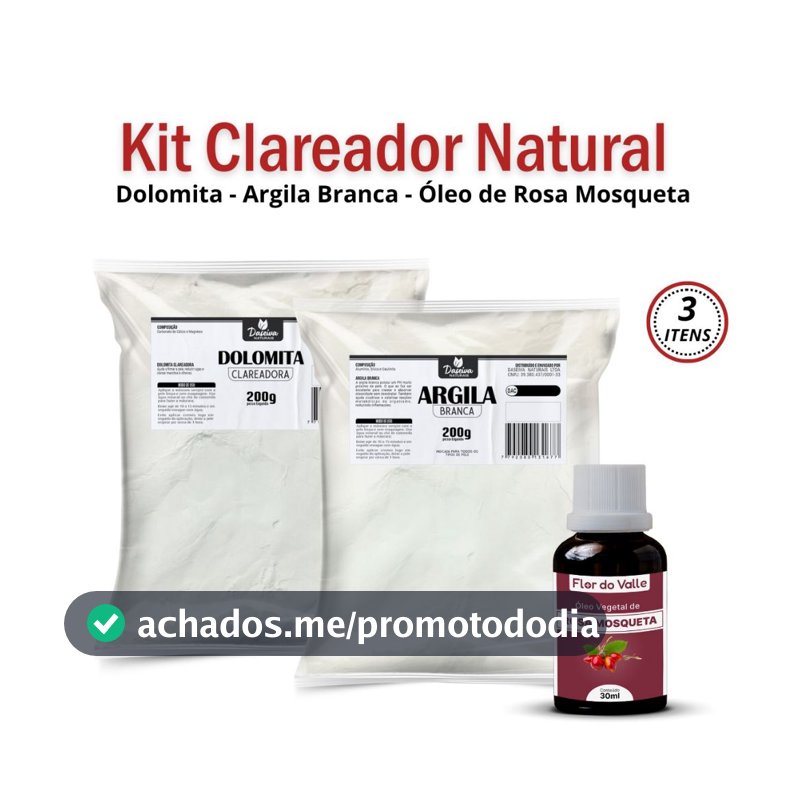 Argila Branca 200g + Dolomita Clareadora 200g + Óleo Rosa Mosqueta Rubiginosa (Super Clareador)