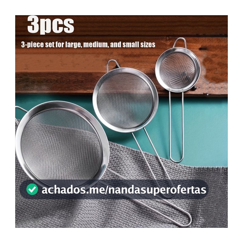 Kit 3 Peças Peneira Coador Em Aço Inox Para Cozinha - 3 Tamanhos P M G 8/10/12 cm