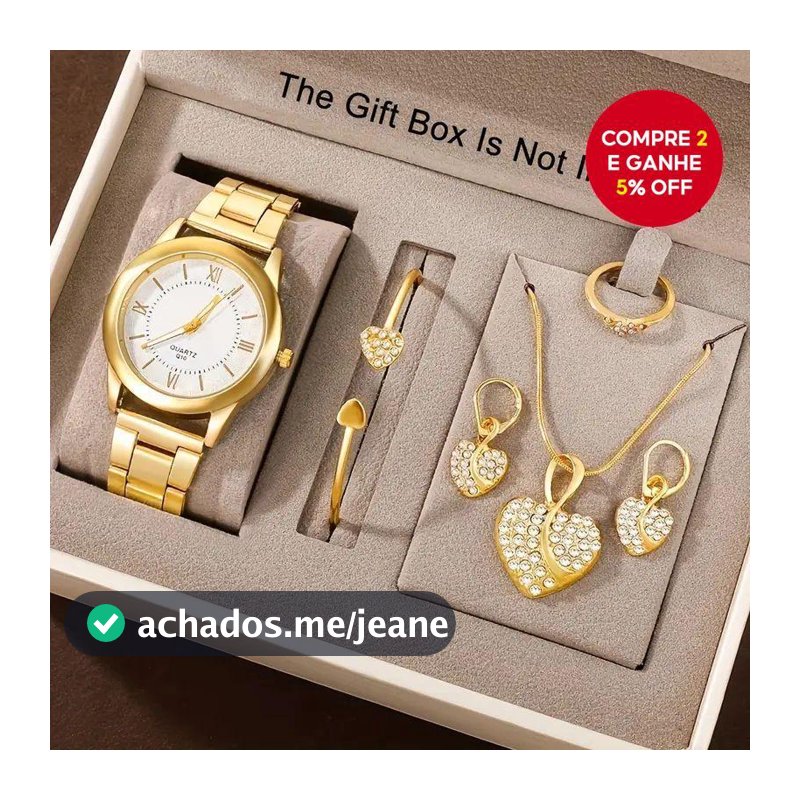 Conjunto Elegante De Relógio De Quartzo Feminino Com 6 Peças Em Tom Dourado , Mostrador Romano , Coração De Strass , Pre