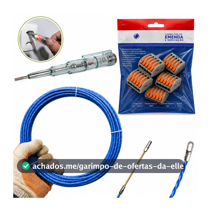 Kit Eletricista Guia Passa Fio 20m + Conector Emenda 5 vias + Chave Teste Tensão