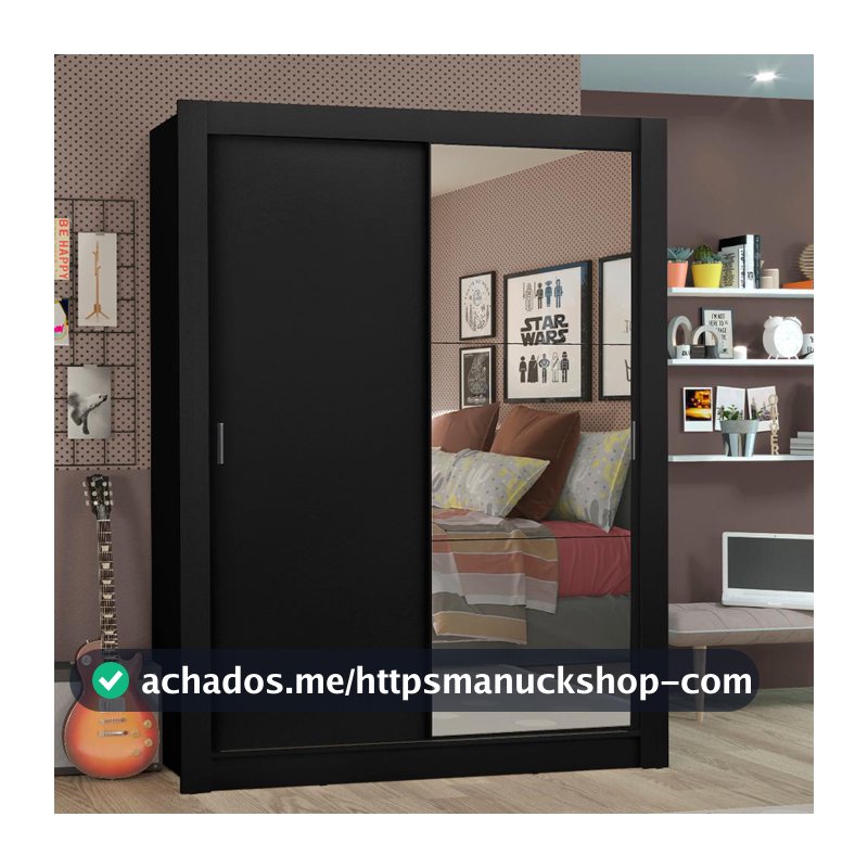 Guarda Roupa Solteiro 2 Portas de Correr com Espelho Preto Madesa Denver