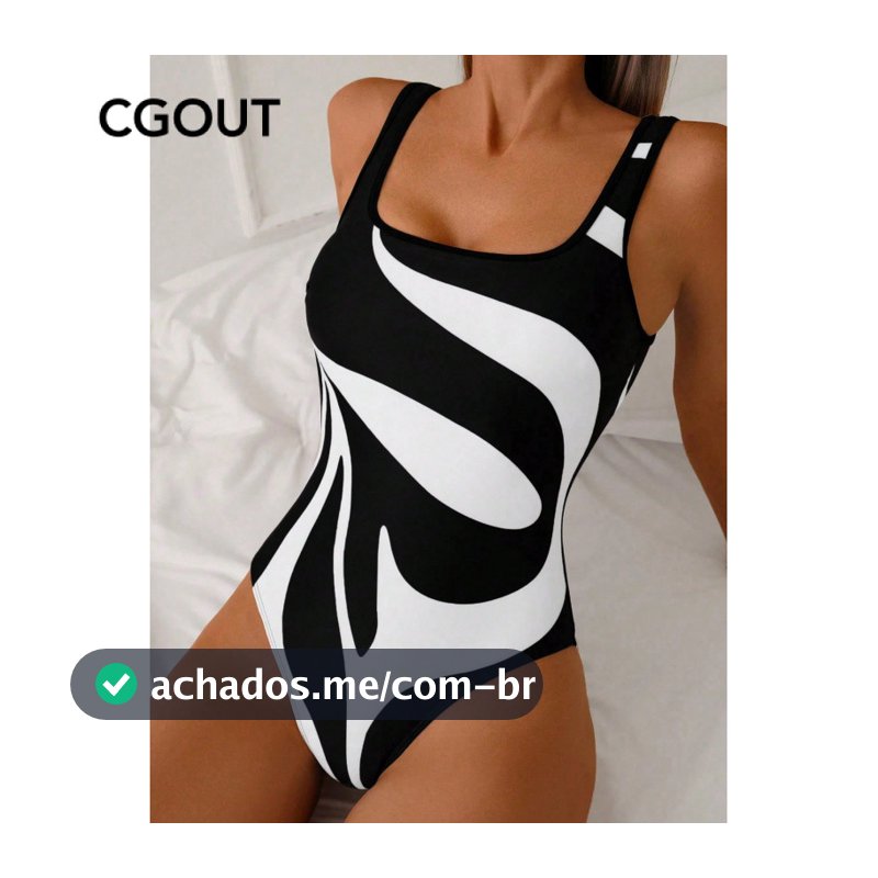 Moda Feminina de Verão Elegante Maiô com Estampa Floral Preto e Branco, Moda de Banho Casual, Maiô de Uma Peça