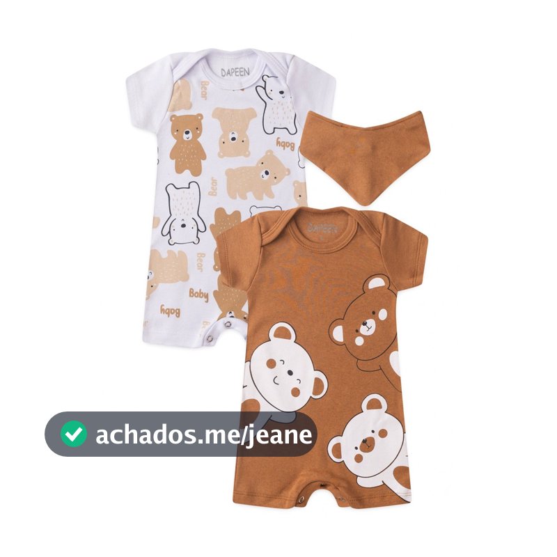 Kit Macacão Bebê Menino Verão Romper, Banho de Sol em Algodão com Estampa Ursinho