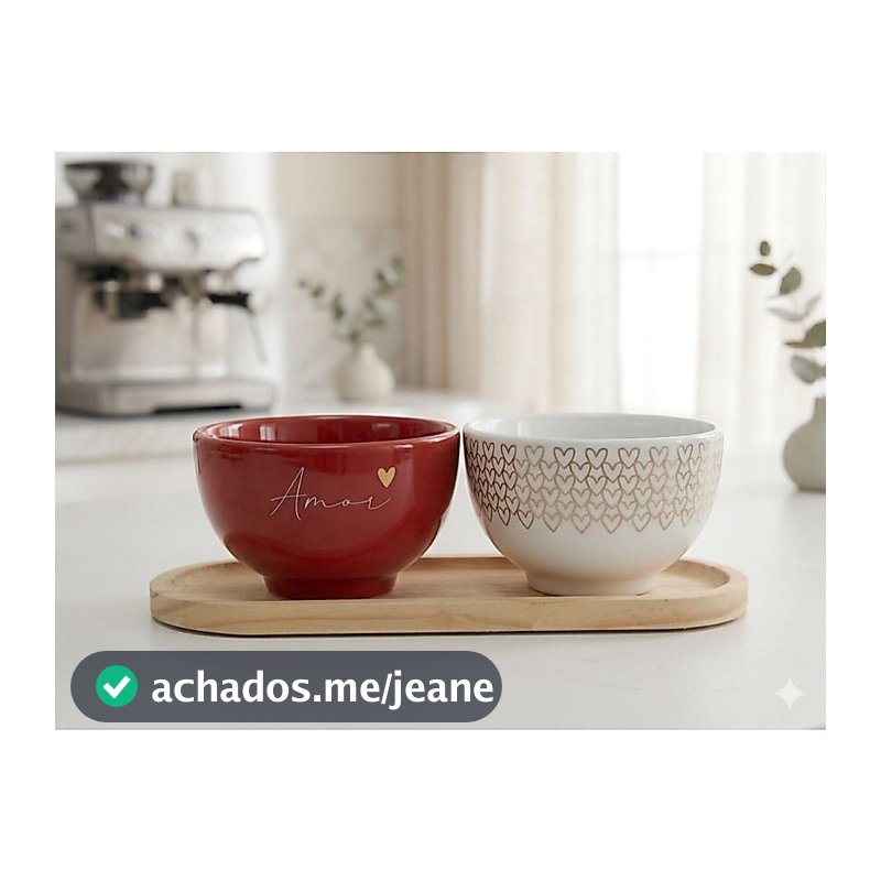 Kit 2  Bowl Tigelas Porcelana Cumbuca Sopa Açaí 350ml Amor Coração Dourado + Bandeja Pinus Oval