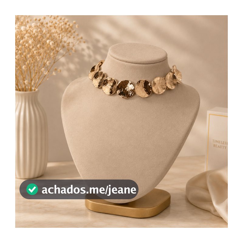 Colar Choker Feminino Disco Martelado Ouro Rosé/Prata Elegante Fashion Moderno Ajustável