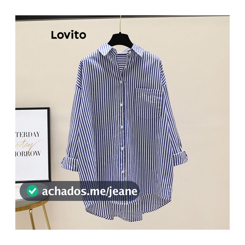 Lovito Casual Blusa Grande Caimento Solto Mangas Compridas Listrada Botão Outono Inverno Blusa Feminina LNL69188
