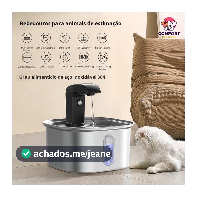 Fonte de água para animais de estimação em aço inoxidável com modo de sensor inteligente, adequada para cães e gatos