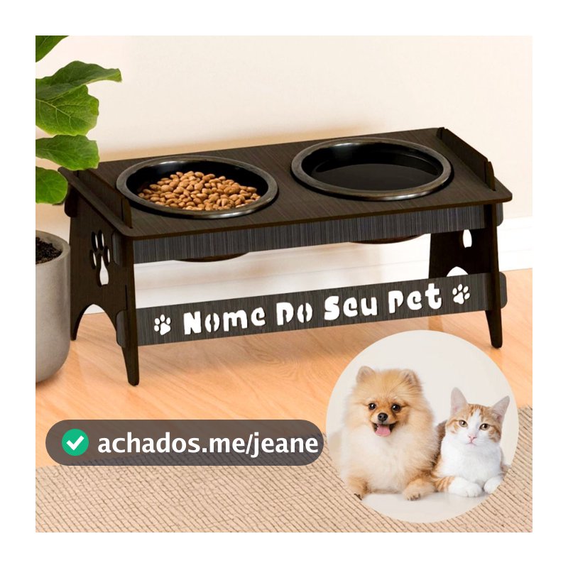 Comedouro PERSONALIZADO Com Nome Para Pets Pequenos De Madeira Com 2 Potes De Plástico