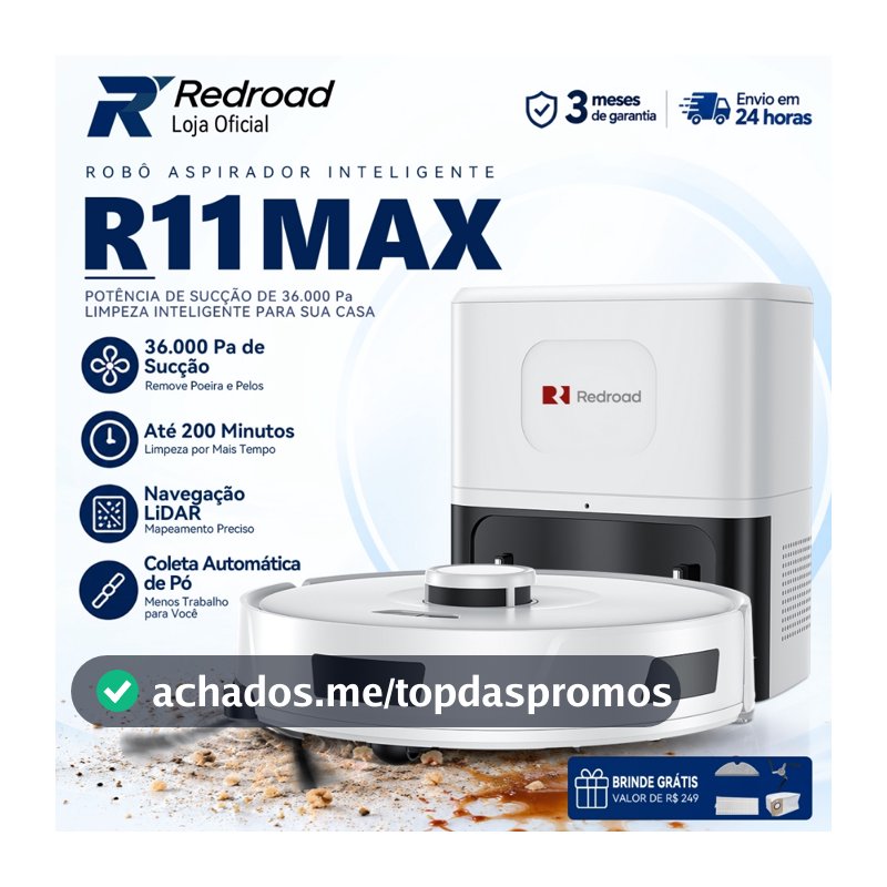Robô Aspirador Passa Pano Redroad R11 Inteligente 20000Pa Autoesvaziável 3 em 1 App e Voz Silencioso Para Pets 127/220V