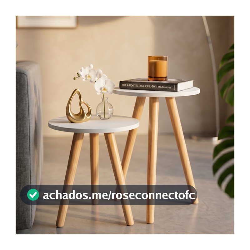 Conjunto de Mesinha Lateral Redonda Sala Pe Madeira Retro Sala Quarto