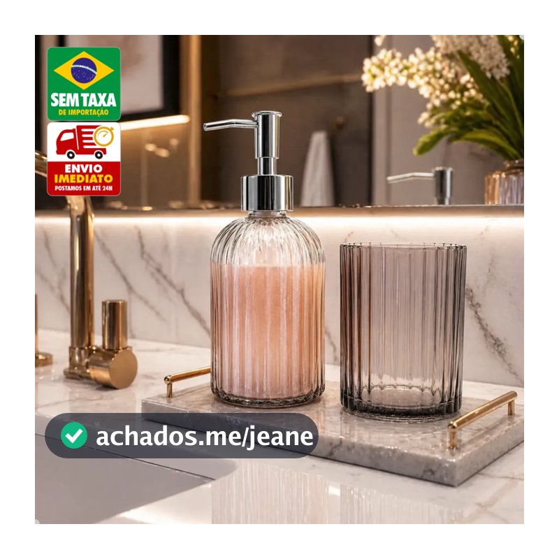 Kit Banheiro em Vidro com Dispenser Pump 400ml Porta Escova de Dentes Lavabo 2 Peças Elegante