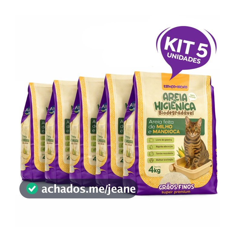 Kit 5 Areia Higiênica Biodegradável Grãos Finos Milho e Mandioca (100% Natural) - Espaço De Bicho