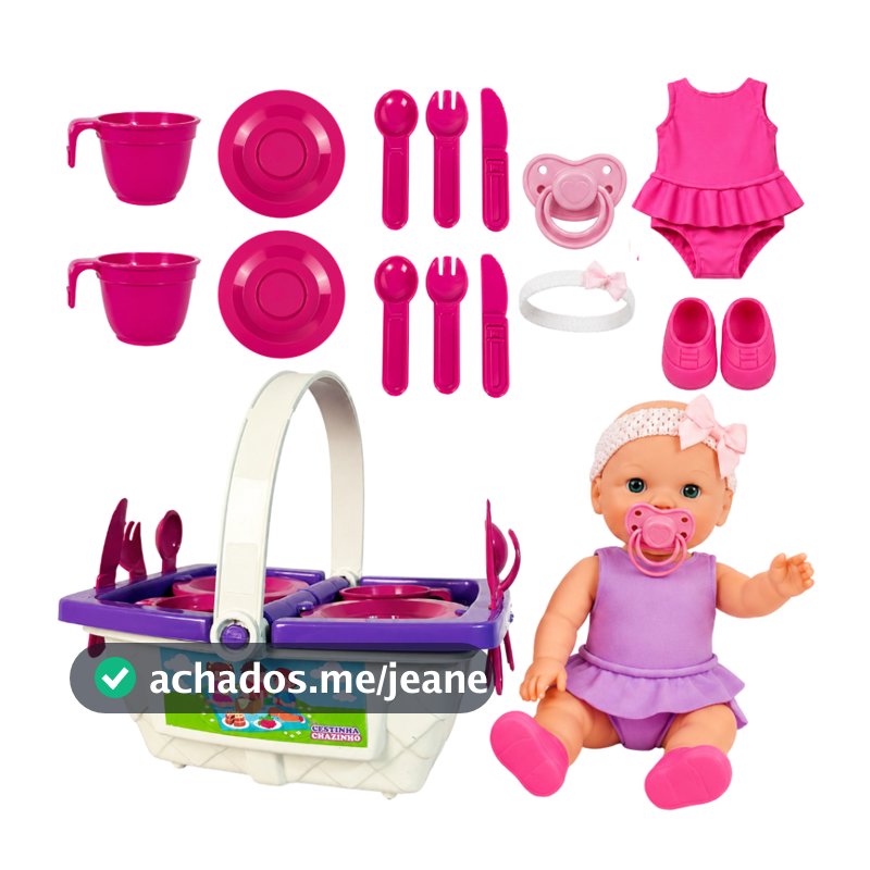 Boneca Vestido Cesta de Piquenique Infantil 10 Acessórios