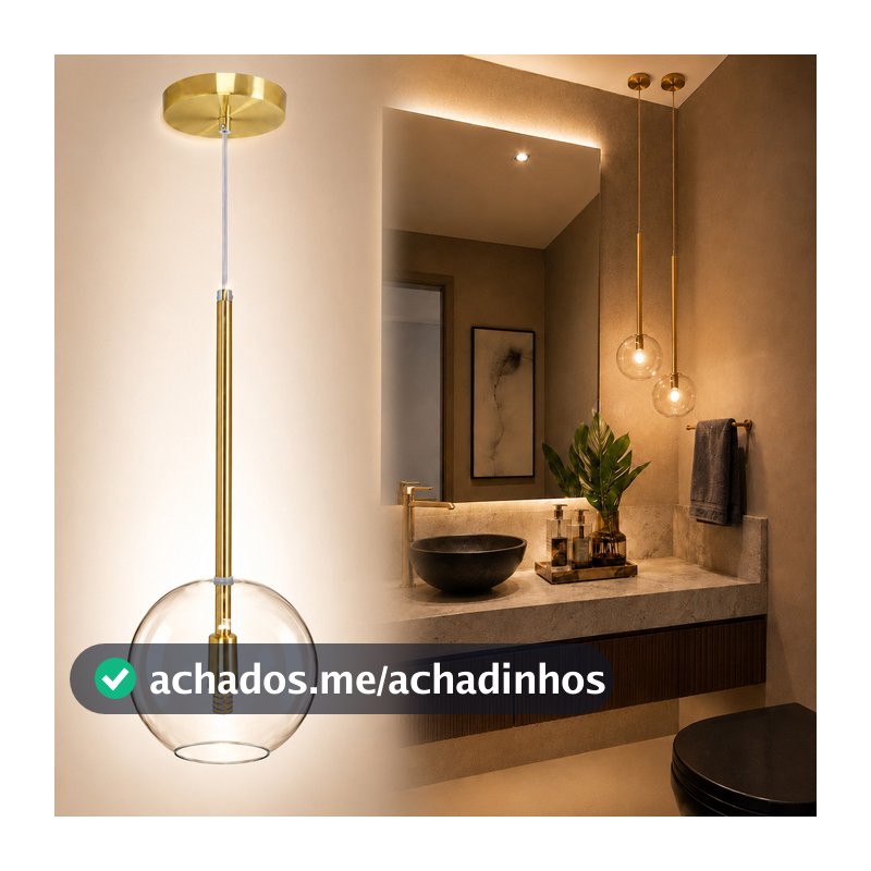 Pendente Lux Dourado Globo Vidro Cristal + Led
