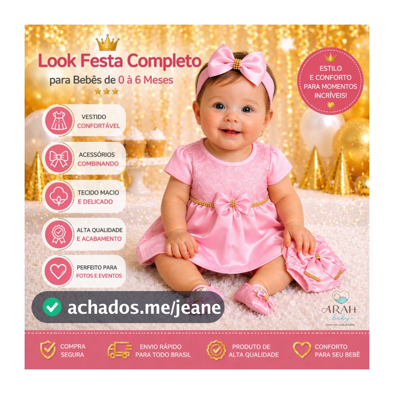 Kit Luxo Bebê Menina 4 Peças Vestido + Tiara + Sapato + Calcinha Bunda Rica Look Completo p/ Festas