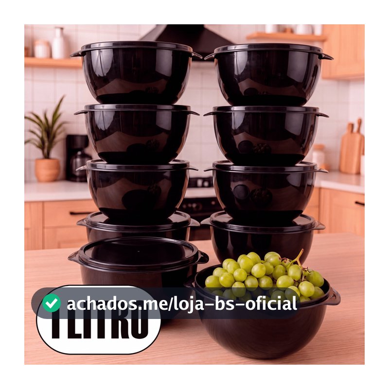 Kit 10 Bowl Preto 1000ml com Tampa Potes Kaziva - Reforçados Cozinha Alimentos e Marmitas Congelador