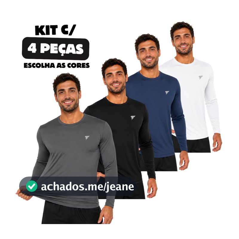 Kit com 4 Camiseta Uv Segunda Pele Proteção Solar Fator 50+ Cores Variadas Manga Longa Masculina