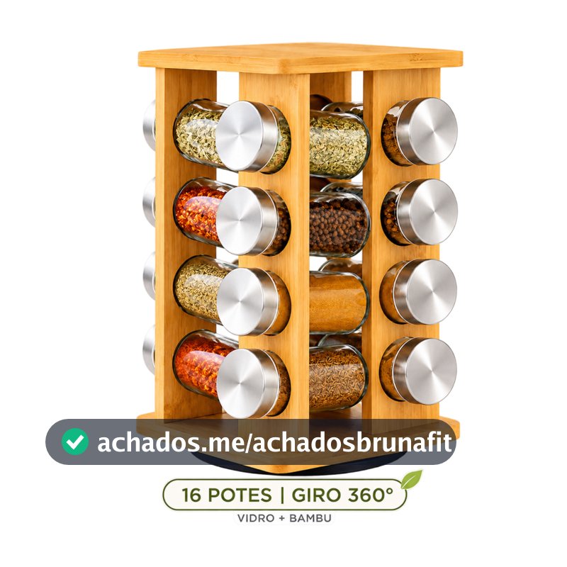 Porta Temperos Giratório 16 Potes de Vidro com Dosador Suporte de Bambu 360° Organizador de Cozinha