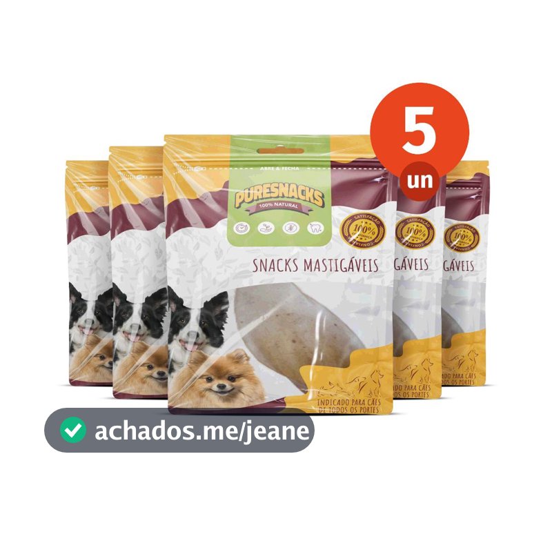 Kit Mordedor Petisco Orelha Bovina 100% Natural 5 Unidades para Cães PureSnacks 30g
