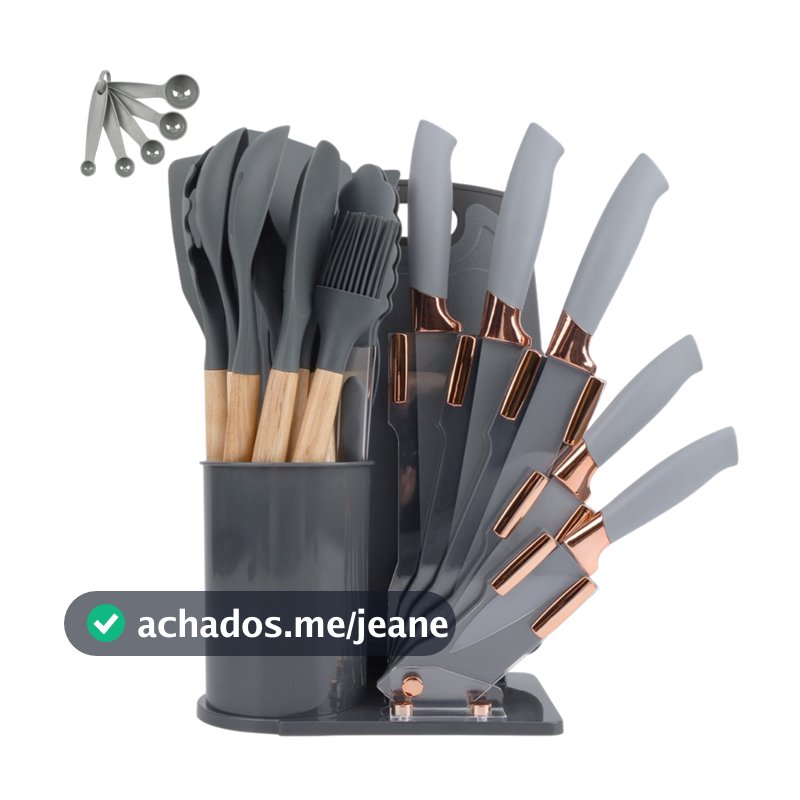 Kit 19 Utensílios De Cozinha Com Cabo De Madeira E Silicone