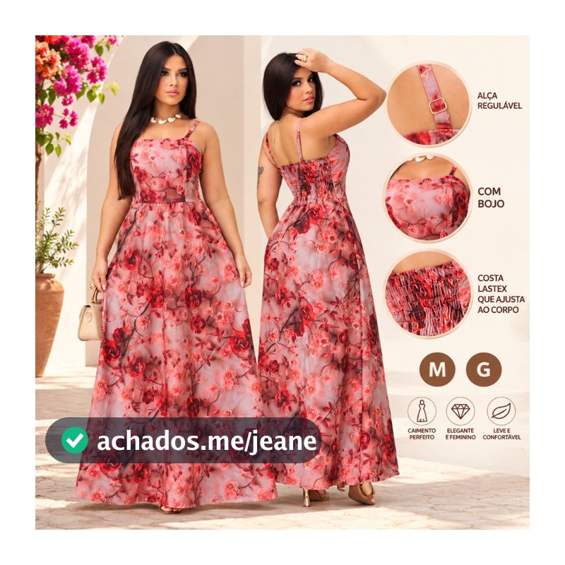 Vestido Longo Floral Feminino Elegante com Alça Fina Estampado Vermelho Moda Verão Festa Casual 2026