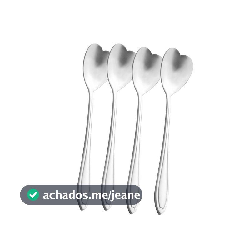 Conjunto 4 Colheres de Chá Heart Wolff Prata Aço Inox 13cm Coração