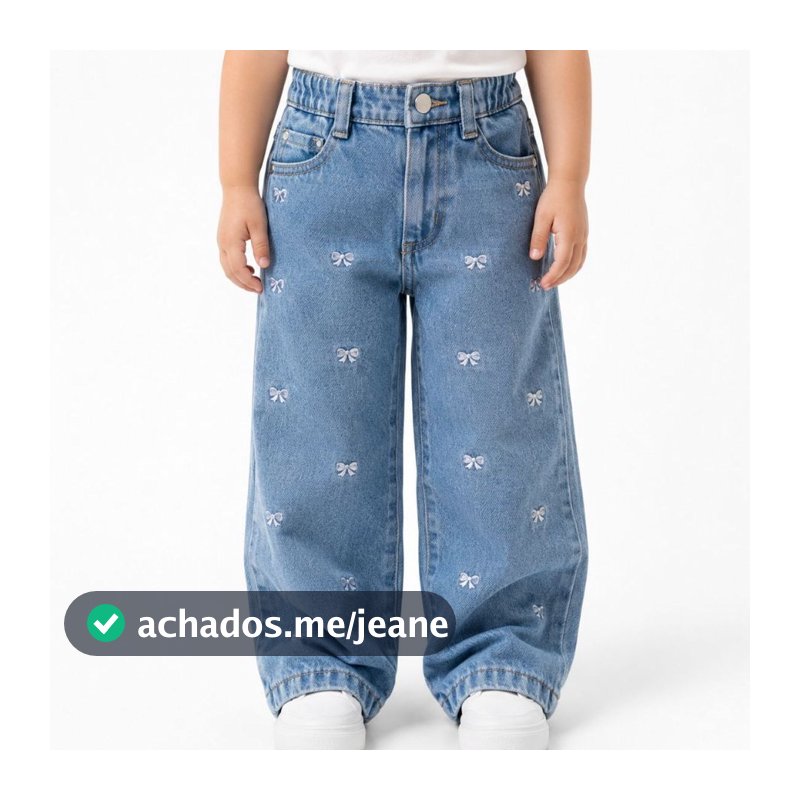 Calça Jeans Wide Leg Infantil Menina Com Bordado Laço Moda Gringa Luxo 100% Algodão 1 a 3 anos