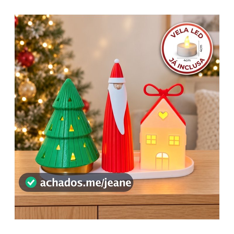 Kit Decoração de Natal Minimalista de Mesa com Casinha, Papai Noel, Árvore, Bandeja e 2 Velas LED com Baterias