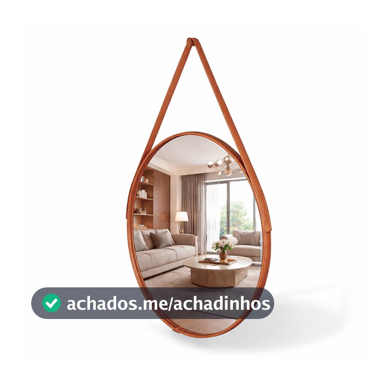 Espelho Redondo Decorativo Adnet Alça Couro Suporte 60cm Sala Quarto Banheiro
