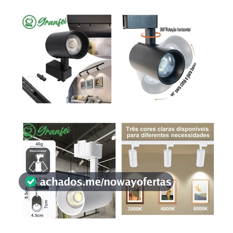 Spot Eletrificado 10W + Trilho Linear 1M Led Branco Preto Branco Frio/Neutro/Quente - VANT