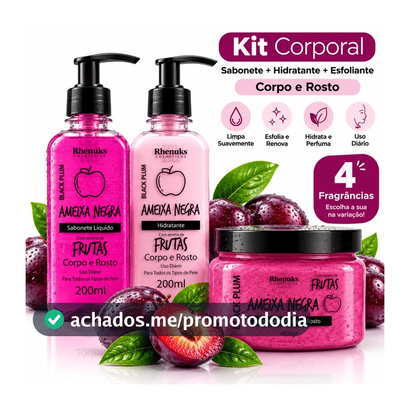 Kit Rhenuks Corpo e Rosto Sabonete Líquido + Hidratante + Esfoliante 4 Fragrâncias