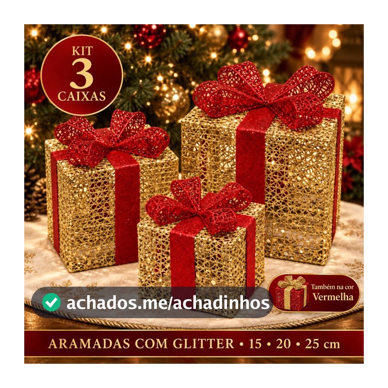 Caixas Presente Decorativas Natal Kit 3 Enfeites Árvore de Natal Glitter Laço Aramada Vermelha
