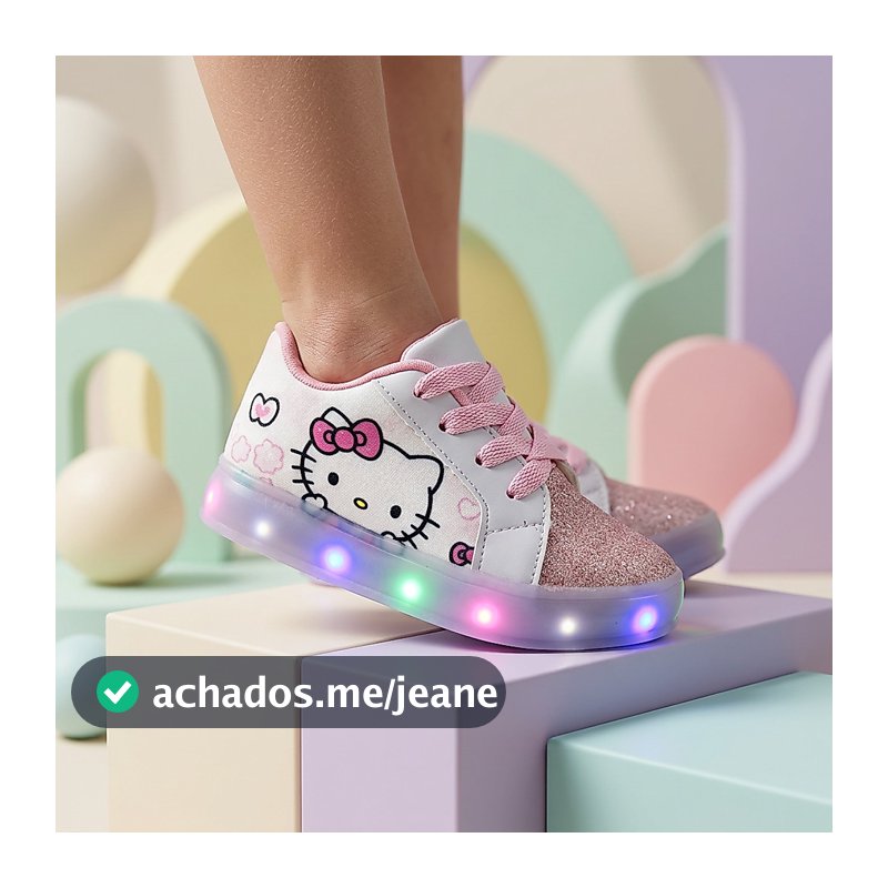 Tênis Infantil Meninas Casual Hello Kitty Com Luzinhas em LED Super Leve e Macio