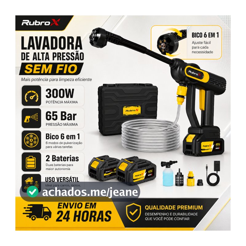 RubroX Lavadora Portátil Sem Fio 300W com 2 Baterias e Bico 6 em 1 Uso Para Carro Jardim e Casa