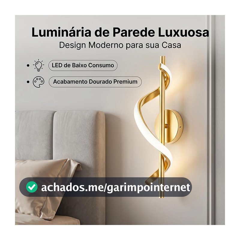 Arandela LED Espiral 40cm Dourado 10W 3000K Bivolt Parede Moderna – NÃO Recarregável / precisa ligar na tomada