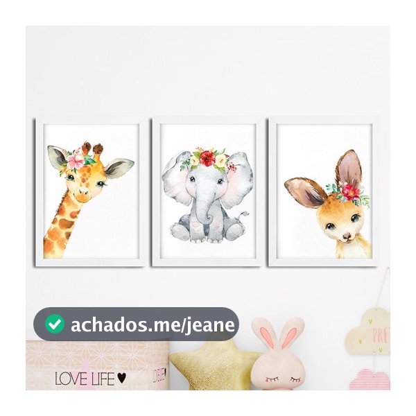 Kit 3 Quadros infantil Menina Savana aquarela 20x30 cada peça girafa elefante coelho