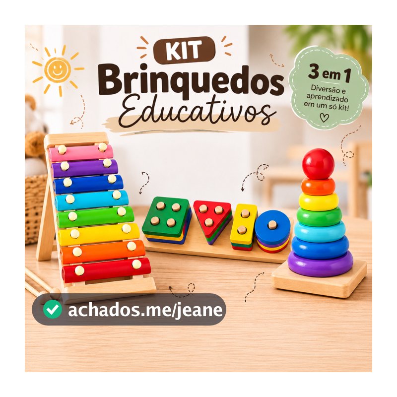 Kit 3 Brinquedos Montessori Pedagogico Educativo de Madeira Encaixe Formas Xilofone Sensorial Didatico
