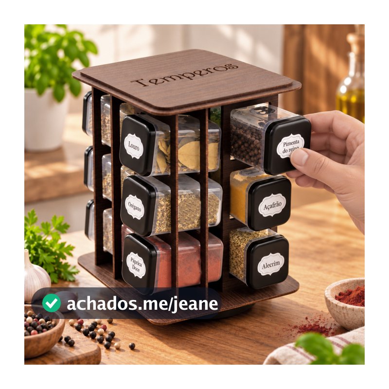 Porta Temperos Giratório 12 Potes MDF Organizador de Condimentos Especiarias para Cozinha 360 Graus