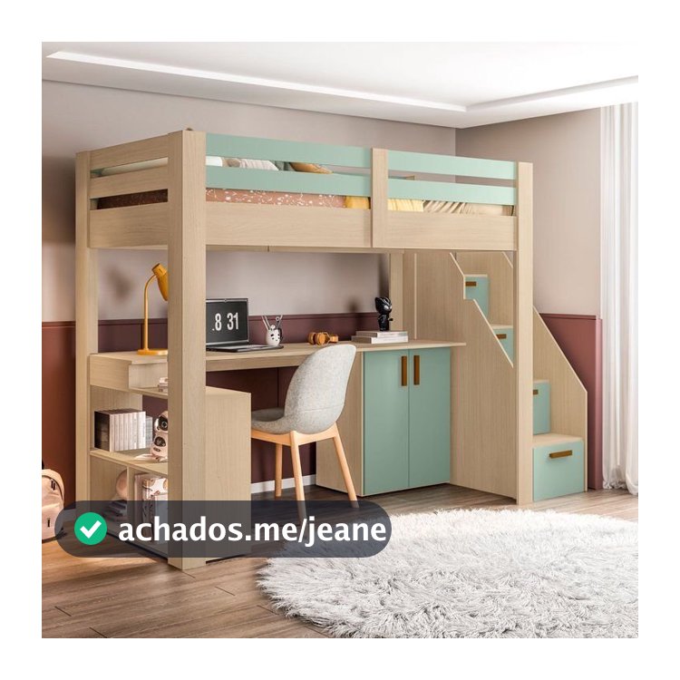 Cama Alta Infantil/Juvenil Star Plus Office Multifuncional Casatema MadeiraOriginals Natural/Menta
