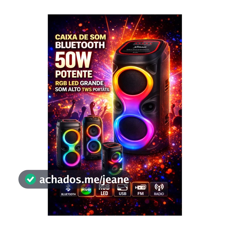 Caixa de Som Bluetooth 50W Potente RGB LED Grande Som Alto TWS Portátil USB FM