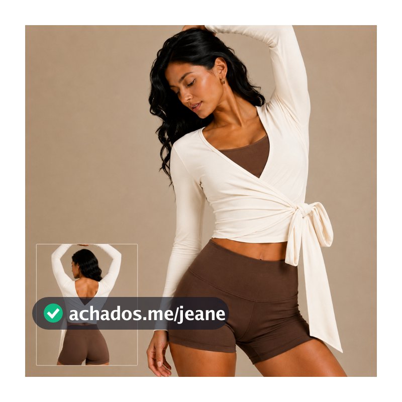 Casaquinho Feminino Cropped de Amarração Transpassado Manga Longa Ballet Fitness Academia Yoga Pilates