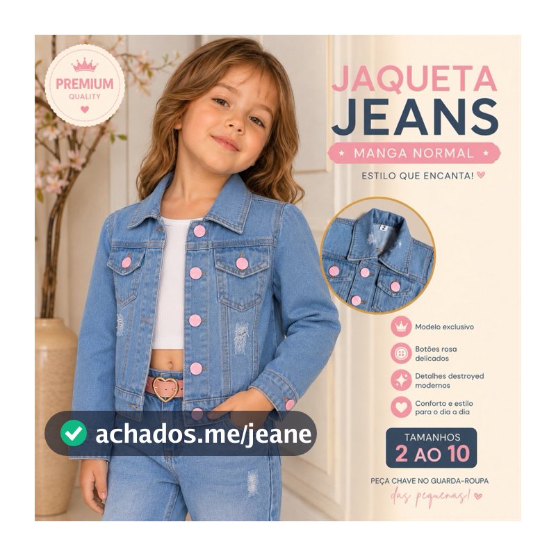 Jaqueta Jeans Infantil Feminina Jeans Claro Botão Rosa Casual 2 ao 10 Anos