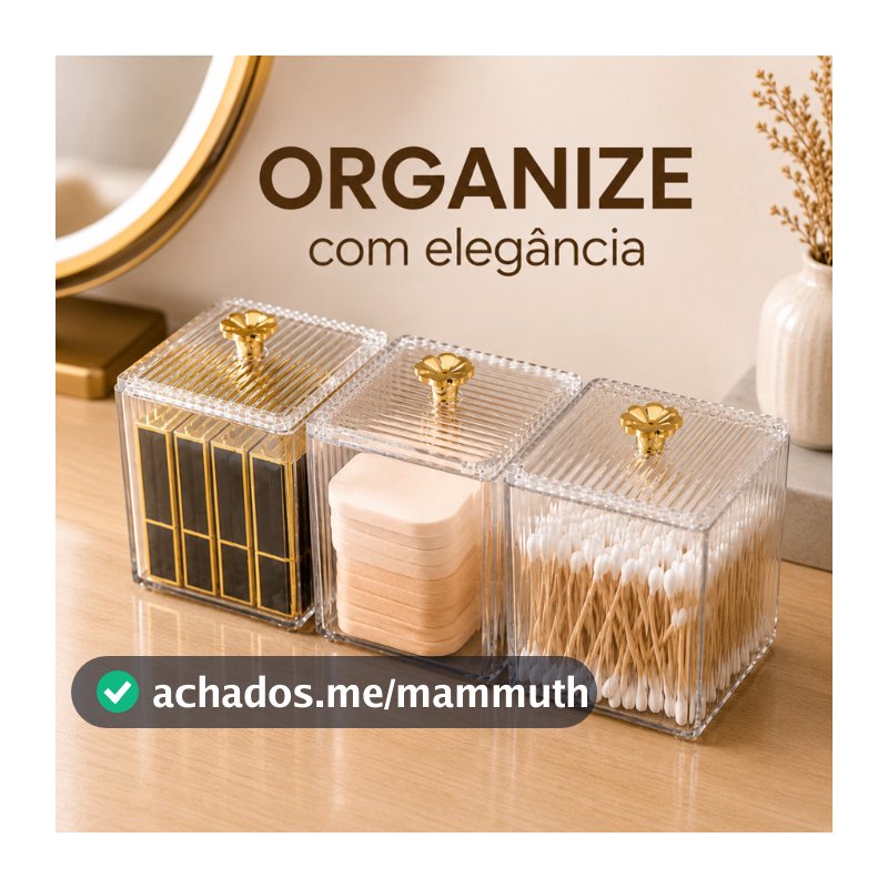 Porta Algodão e Cotonete Acrílico Premium com Tampa Dourada Organizador Banheiro Penteadeira Multiuso
